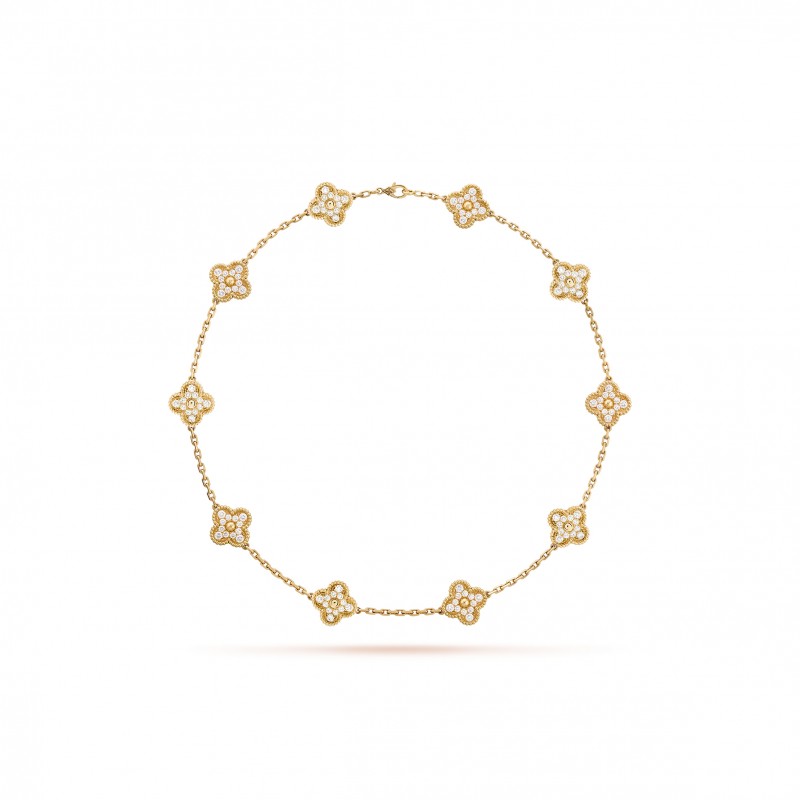 VAN CLEEF ARPELS VINTAGE ALHAMBRA NECKLACE, 10 MOTIFS - YELLOW GOLD, DIAMOND  VCARA42300