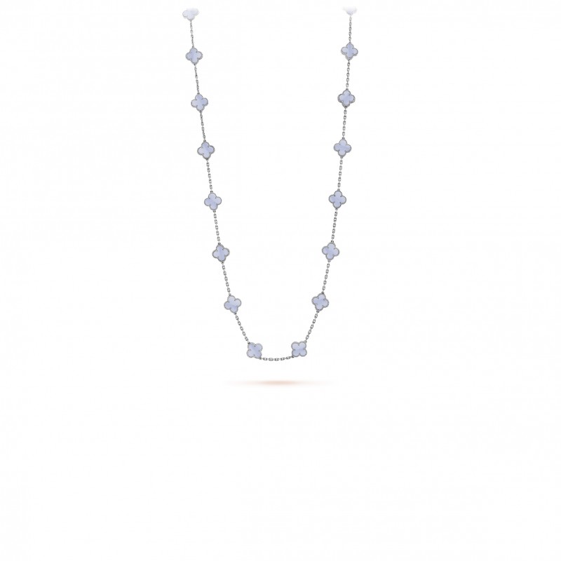 VAN CLEEF ARPELS VINTAGE ALHAMBRA LONG NECKLACE, 20 MOTIFS - WHITE GOLD, CHALCEDONY  VCARD80900