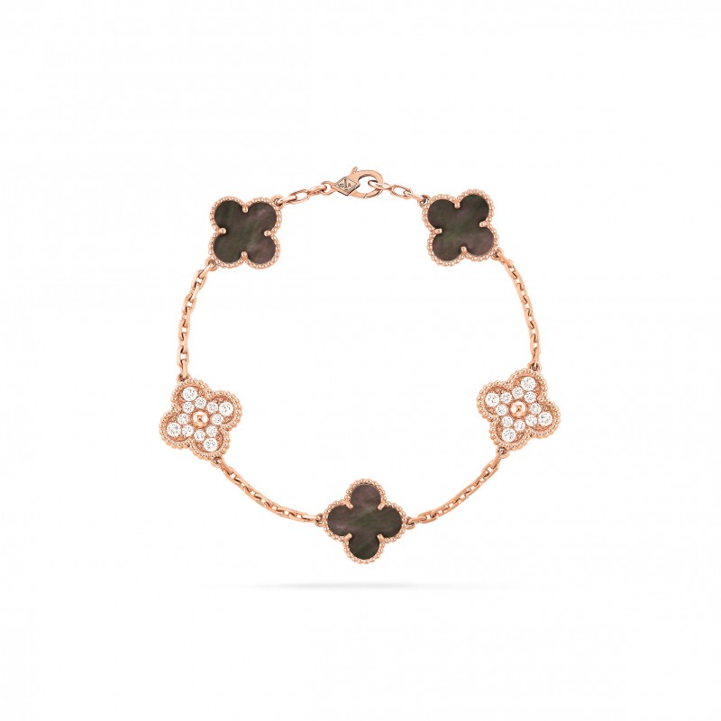 VAN CLEEF ARPELS VINTAGE ALHAMBRA BRACELET, 5 MOTIFS - ROSE GOLD, DIAMOND, MOTHER-OF-PEARL  VCARP2R100