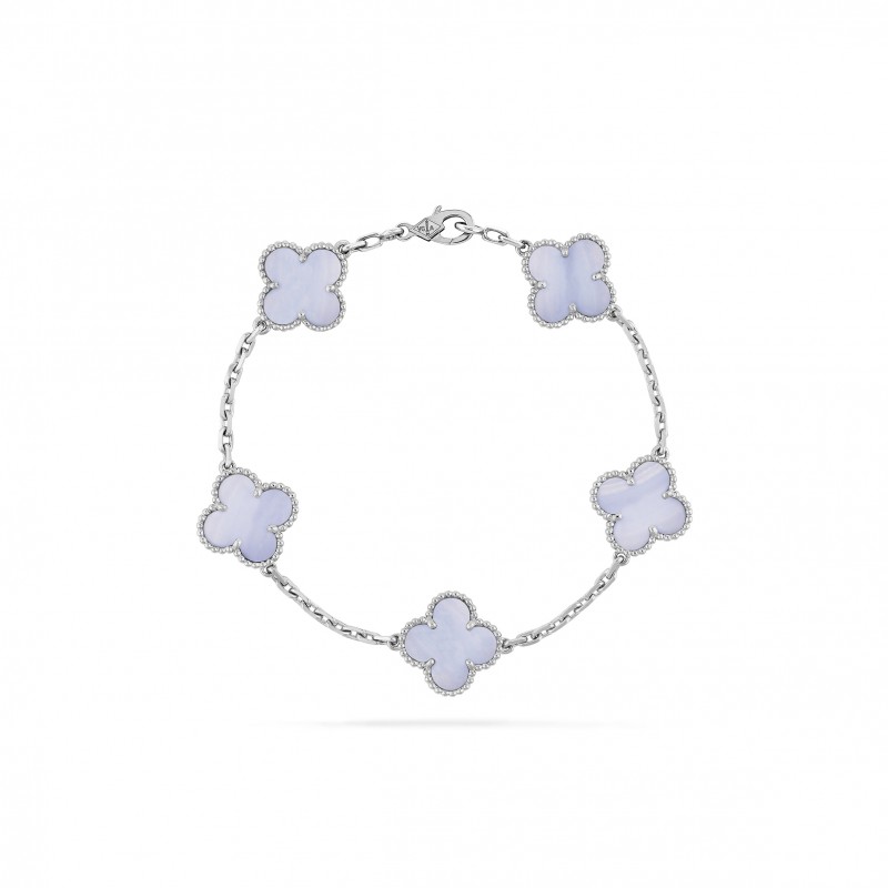 VAN CLEEF ARPELS VINTAGE ALHAMBRA BRACELET, 5 MOTIFS - WHITE GOLD, CHALCEDONY VCARD34700