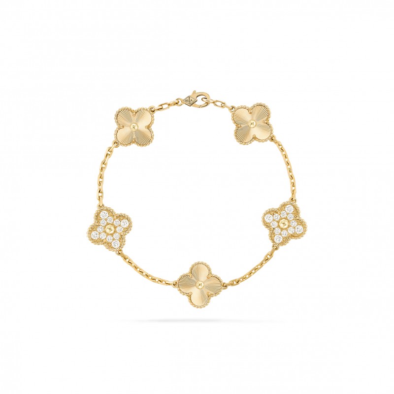 VAN CLEEF ARPELS VINTAGE ALHAMBRA BRACELET, 5 MOTIFS - YELLOW GOLD, DIAMOND  VCARP4KN00