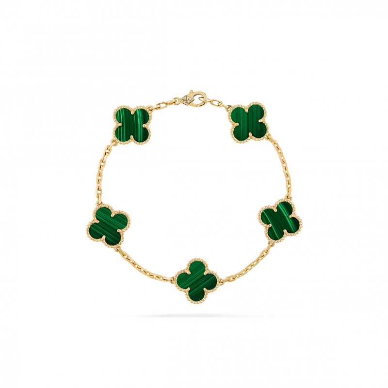 VAN CLEEF ARPELS VINTAGE ALHAMBRA BRACELET, 5 MOTIFS - YELLOW GOLD, MALACHITE  VCARL80900