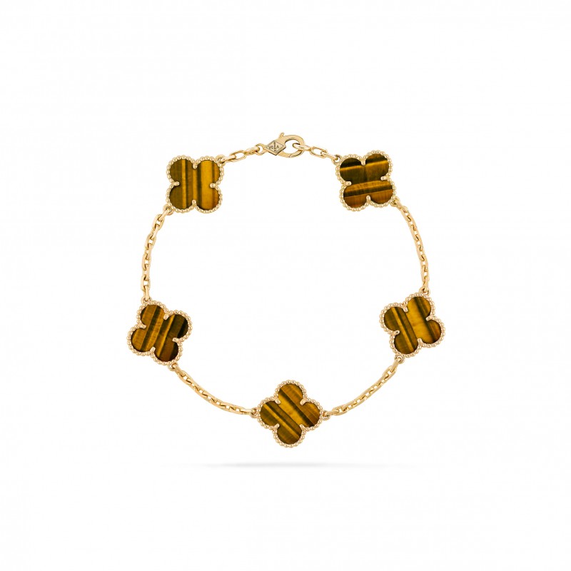 VAN CLEEF ARPELS VINTAGE ALHAMBRA BRACELET, 5 MOTIFS - YELLOW GOLD, TIGER EYE  VCARD35600