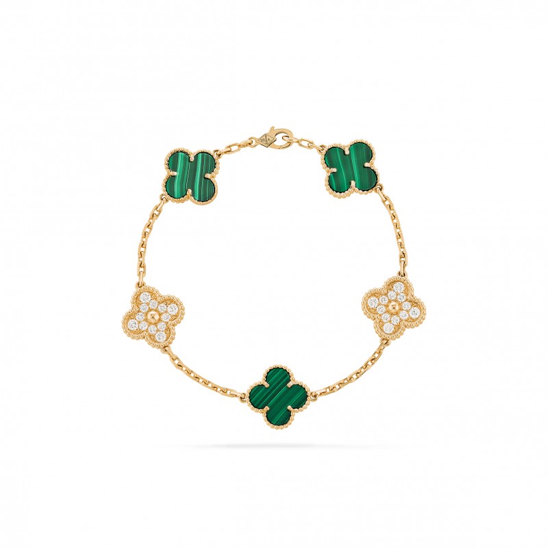 VAN CLEEF ARPELS VINTAGE ALHAMBRA BRACELET, 5 MOTIFS - YELLOW GOLD, DIAMOND, MALACHITE  VCARO7GQ00