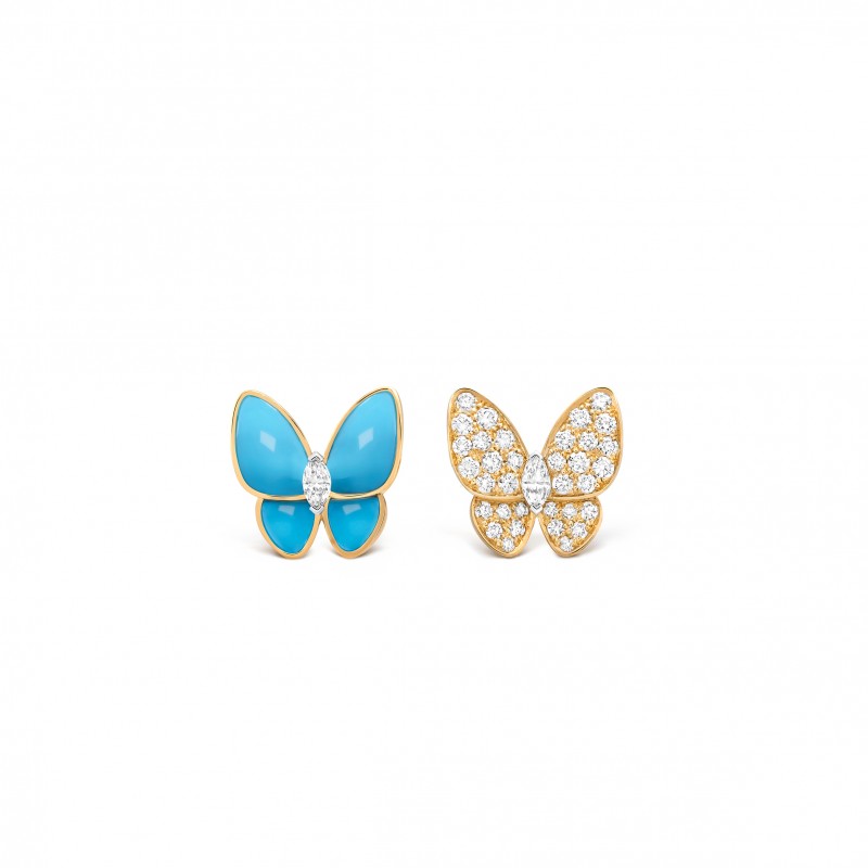 VAN CLEEF ARPELS TWO BUTTERFLY EARRINGS - YELLOW GOLD, DIAMOND, TURQUOISE  VCARP7US00