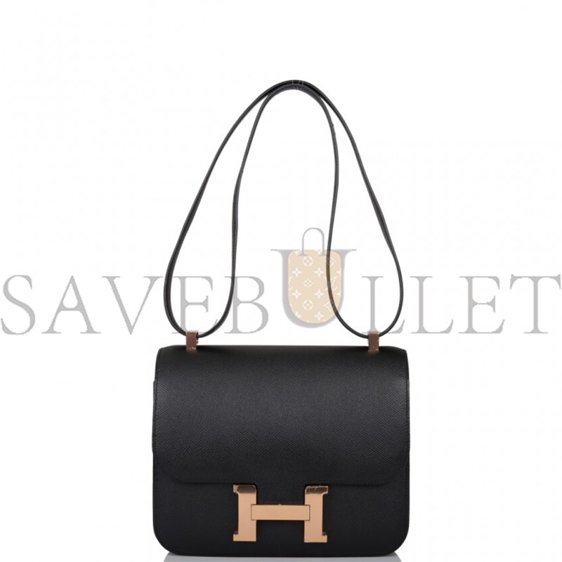 HERMES BLACK CONSTANCE 24 IN EPSOM LEATHER WITH ROSE GOLD HARDWARE (24*18*8cm)