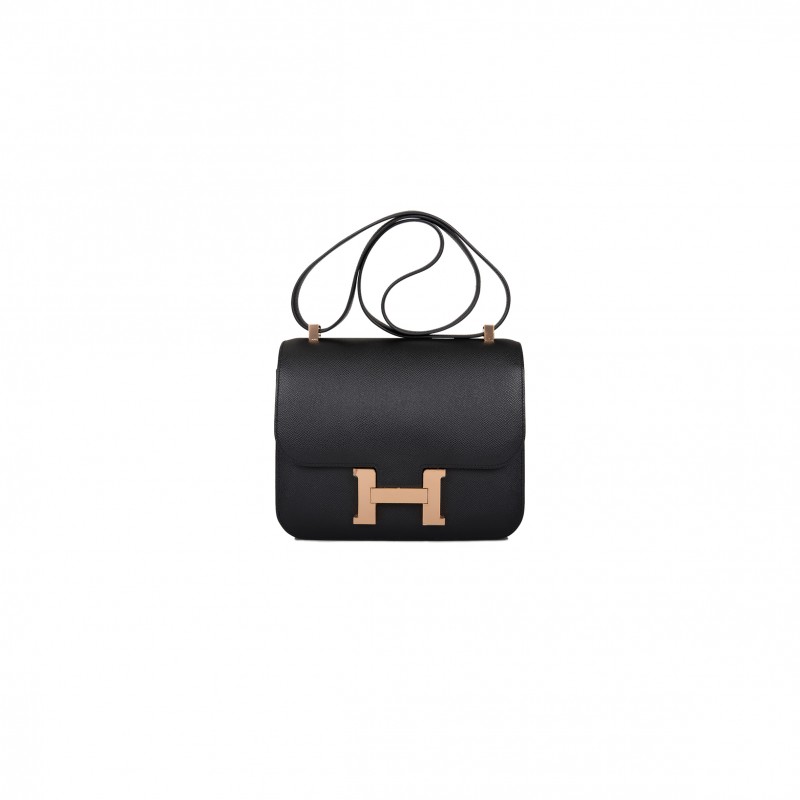 HERMES BLACK CONSTANCE 24 IN EPSOM LEATHER WITH ROSE GOLD HARDWARE (24*18*8cm)