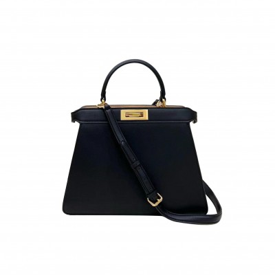 FENDI VITELLO MORGAN FABRIC JACQUARD PEQUIN MEDIUM PEEKABOO ICONIC SATCHEL BLACK TOBACCO (34*24*12cm) FENDI VITELLO MORGAN FABRIC JACQUARD PEQUIN MEDIUM PEEKABOO ICONIC SATCHEL BLACK TOBACCO (34*24*12cm)
