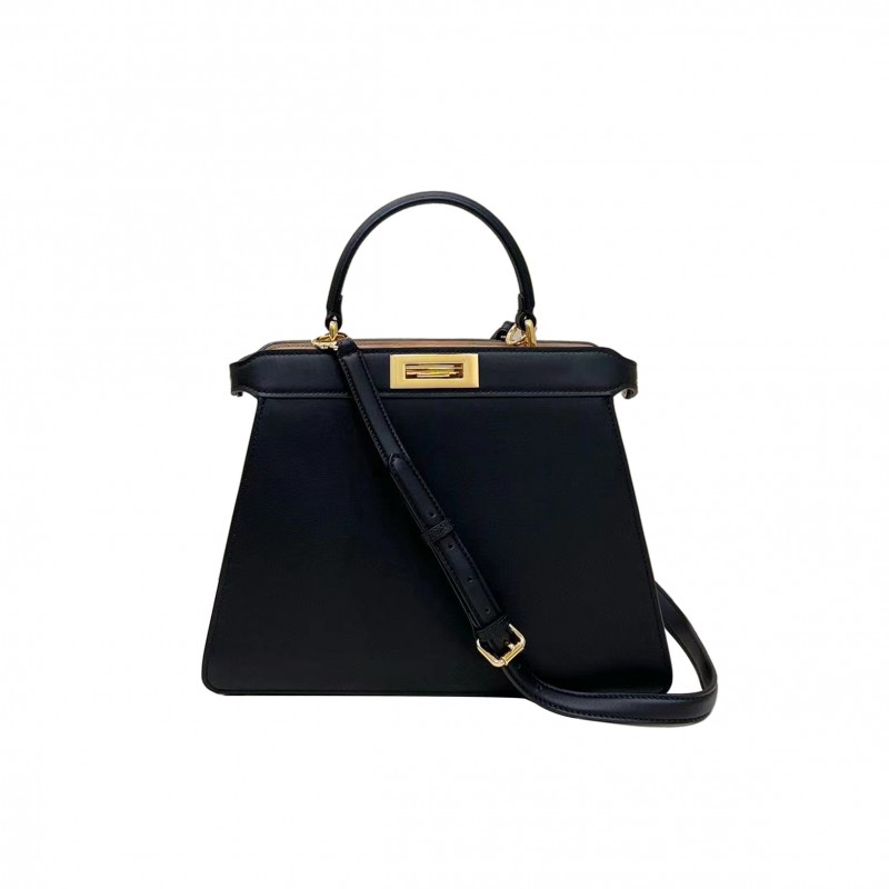 FENDI VITELLO MORGAN FABRIC JACQUARD PEQUIN MEDIUM PEEKABOO ICONIC SATCHEL BLACK TOBACCO (34*24*12cm)