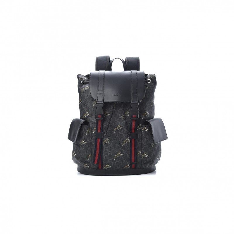 GUCCI GG SUPREME MONOGRAM TIGERS DOUBLE BUCKLE BACKPACK BLACK (43*34*10cm) 