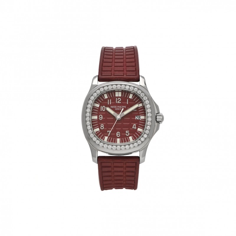 PATEK PHILIPPE STAINLESS STEEL RUBBER DIAMOND 37MM AQUANAUT QUARTZ WATCH BURGUNDY 5067A-010