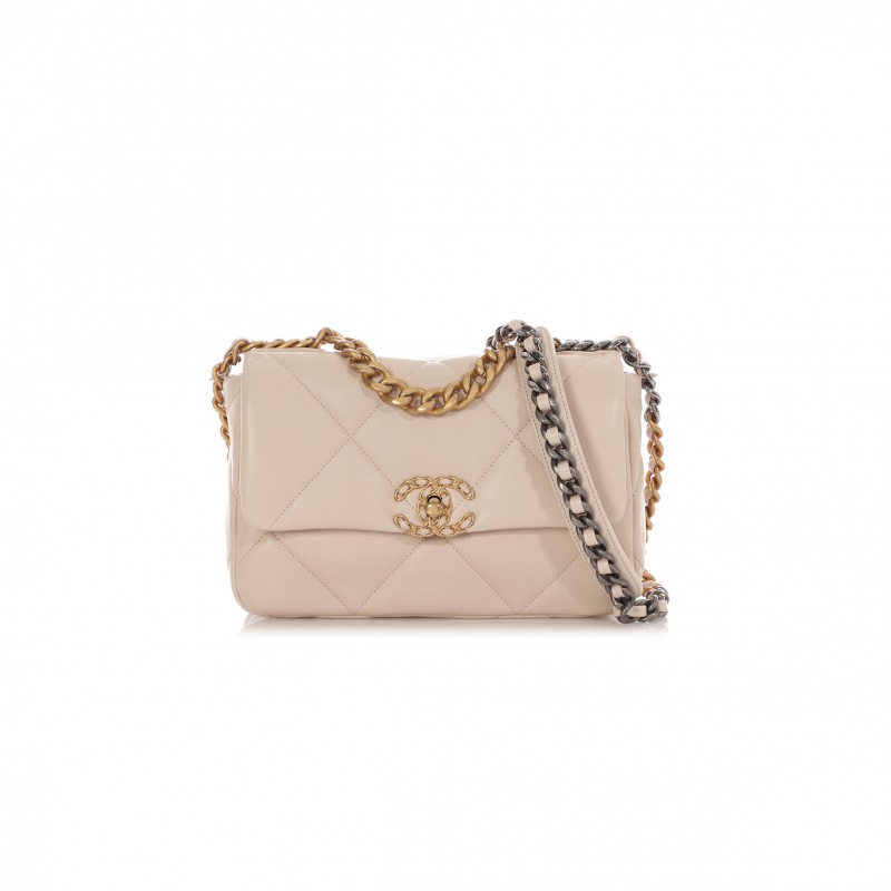 CHANEL ECRU QUILTED LAMBSKIN CHANEL 19 FLAP BAG MIXED HARDWARE AS1160 (26*16*9cm)