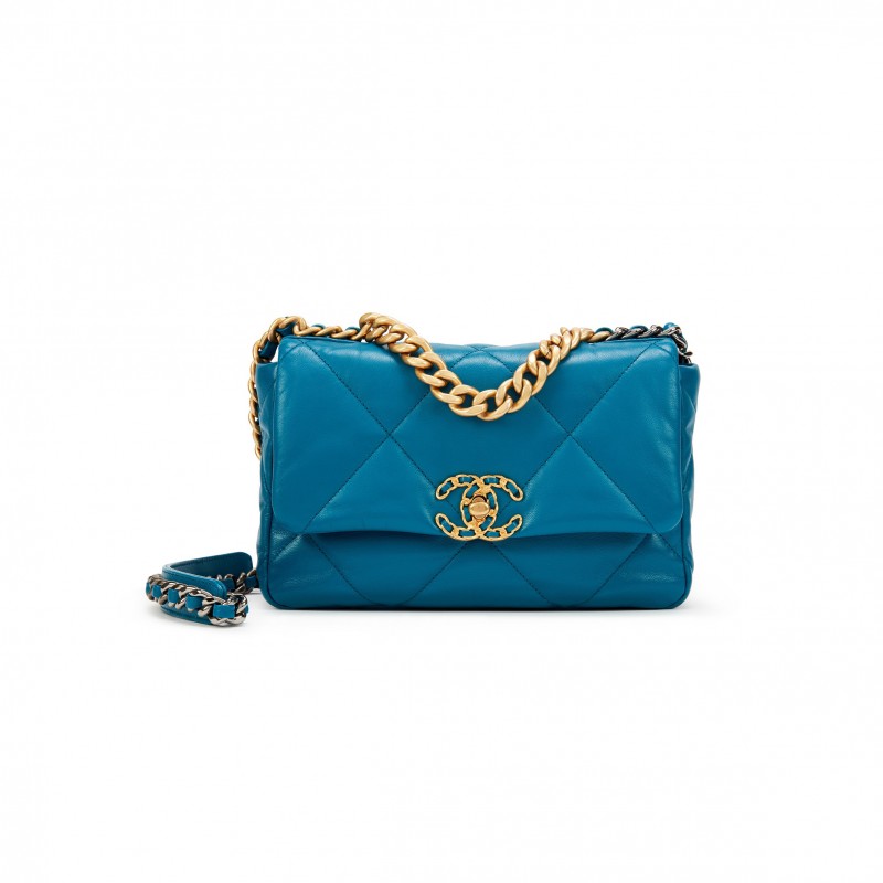 CHANEL 19 FLAP BAG IN TEAL BLUE LAMBSKIN AS1160 (26*16*9cm)