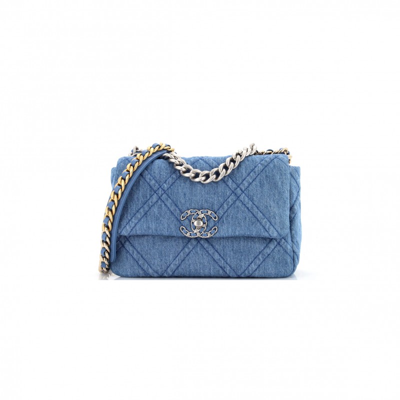 CHANEL BLUE QUILTED DENIM CHANEL 19 FLAP BAG AS1160 (26*16*9cm)