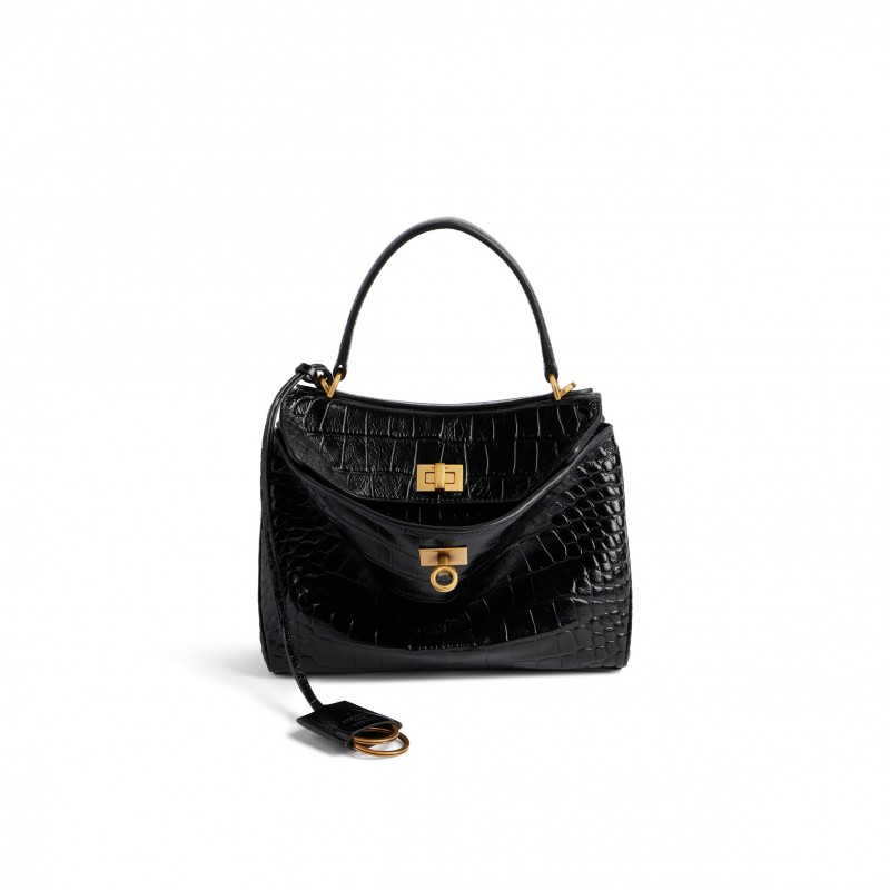 BALENCIAGA WOMEN'S RODEO MINI HANDBAG CROCODILE EMBOSSED IN BLACK 7954562AA5L1000 (22.8*9.9*8.3)