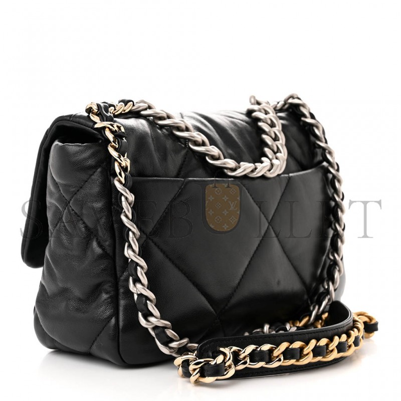 CHANEL LAMBSKIN QUILTED CHANEL 19 FLAP BLACK AS1160 (26*16*9cm)