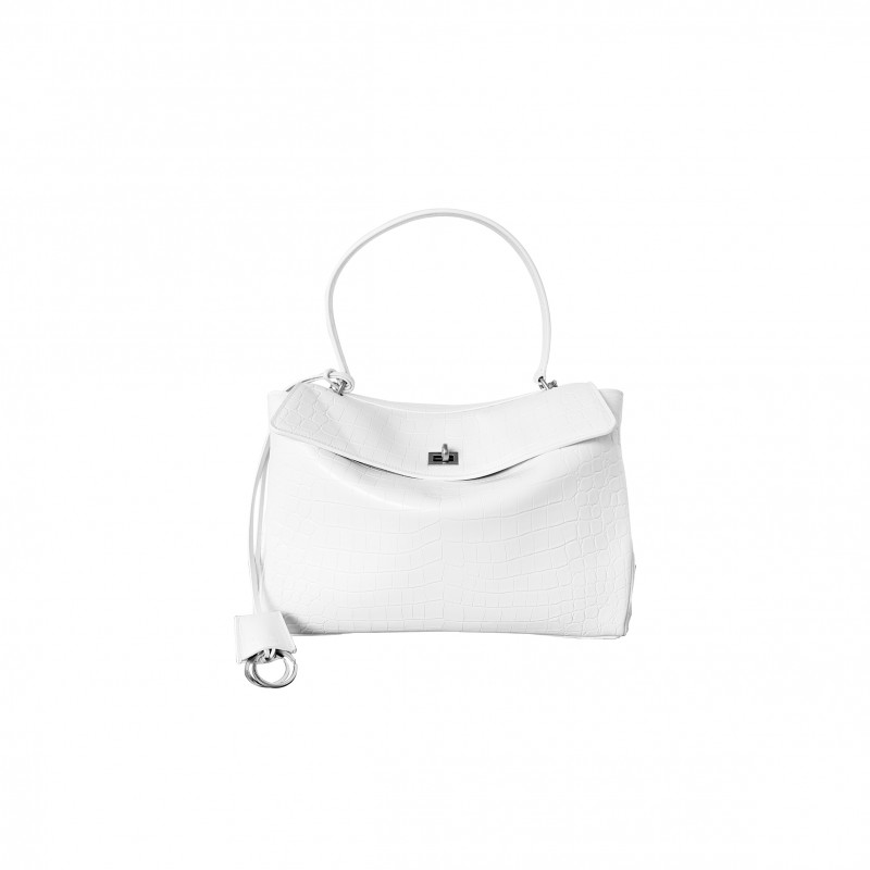 BALENCIAGA WOMEN'S RODEO MEDIUM HANDBAG CROCODILE EMBOSSED IN WHITE 7897400AA5L1200 (35*23.3*10.9)