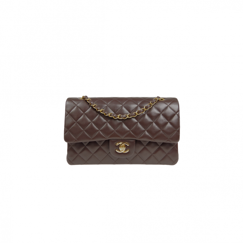 CHANEL CLASSIC DOUBLE FLAP SMALL SHOULDER BAG BROWN LAMBSKIN A1117 (23*14*7cm)