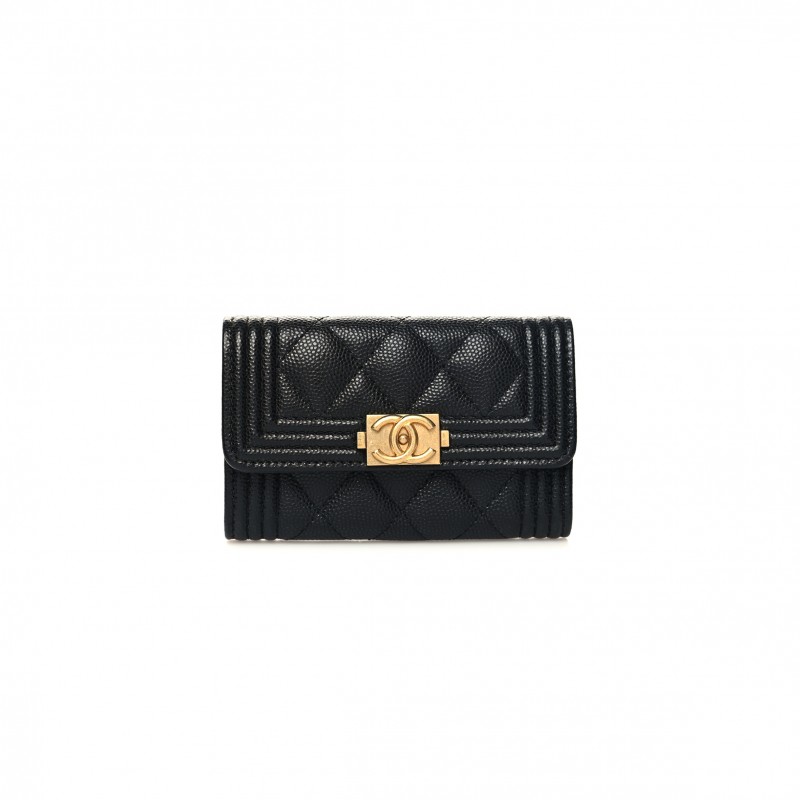 CHANEL CAVIAR QUILTED BOY FLAP CARD HOLDER BLACK A80603 (11.3*7.5*2.1)