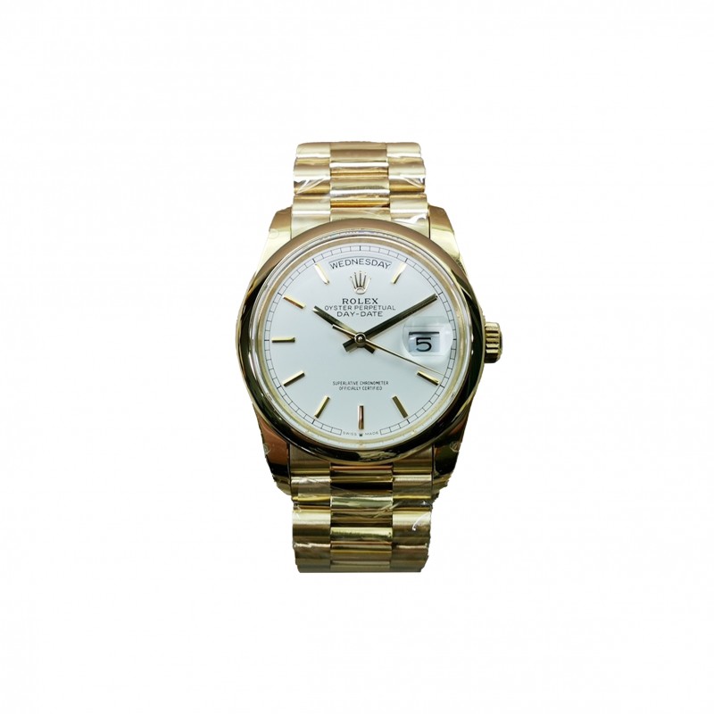 ROLEX DAY-DATE WHITE DIAL GOLD DOMED BEZEL WATCH 118208