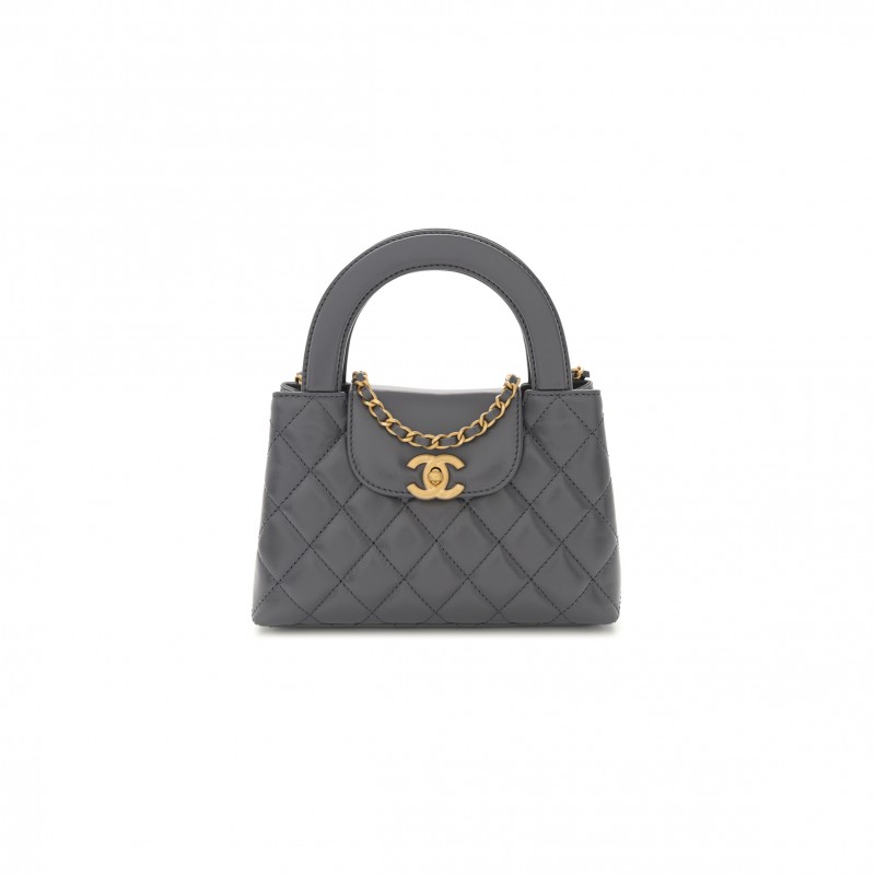 CHANEL MASTER KELLY BAG QUILTED GREY SHINY CALFSKIN AGED GOLD HARDWARE  (19*13*7cm)