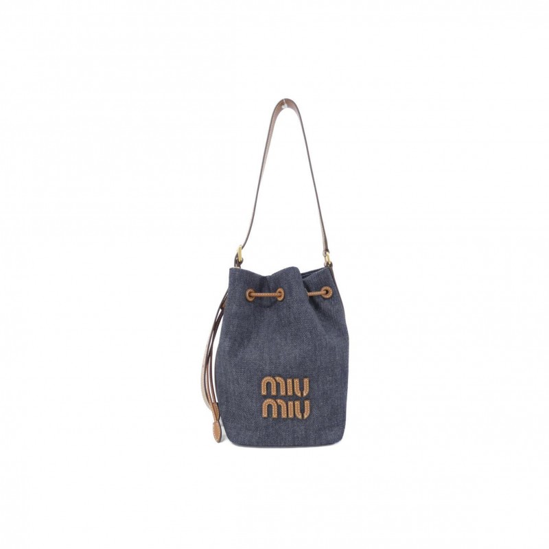 MIU MIU DENIM AND LEATHER LOGO BUCKET BAG 5BE089 (29*23*17cm)