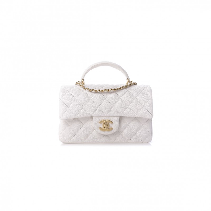 CHANEL MASTER CAVIAR QUILTED MINI TOP HANDLE RECTANGULAR FLAP WHITE (20*13*9cm) 