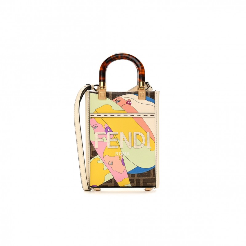 FENDI GLAZED FABRIC VITELLO KING PLEXIGLASS FF 1974 LOGO HAIRDO GIRLS INLAY MINI FENDI SUNSHINE SHOPPER TOTE MOGANO PANNA MULTICOLOR (17*13*5cm)