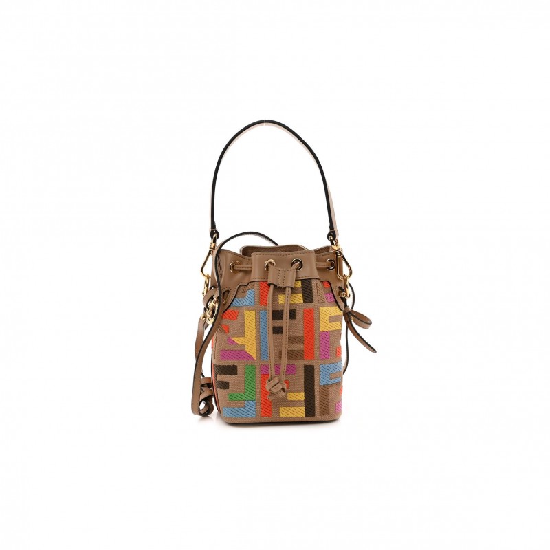 FENDI CANVAS VITELLO KING F IS FENDI FF MULTICOLOR EMBROIDERED MINI MON TRESOR BUCKET BAG MULTICOLOR CUOIO (18*12*10cm)