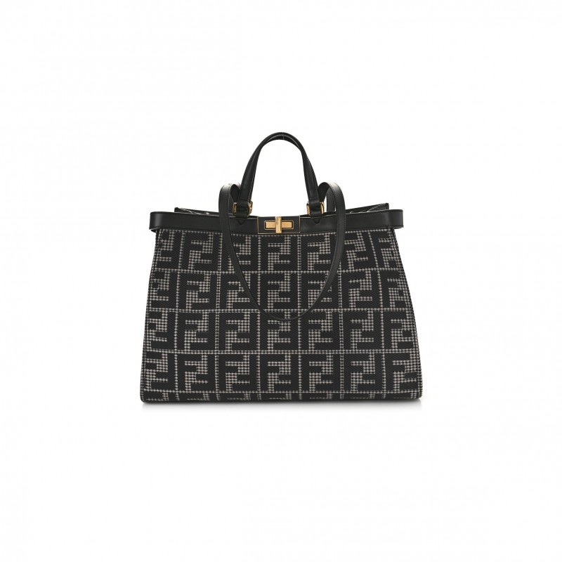 FENDI WOOL VITELLO KING HOUNDSTOOTH FF EMBROIDERED MEDIUM PEEKABOO X-TOTE GRIGIO ANTHRACITE (41*29*16cm)