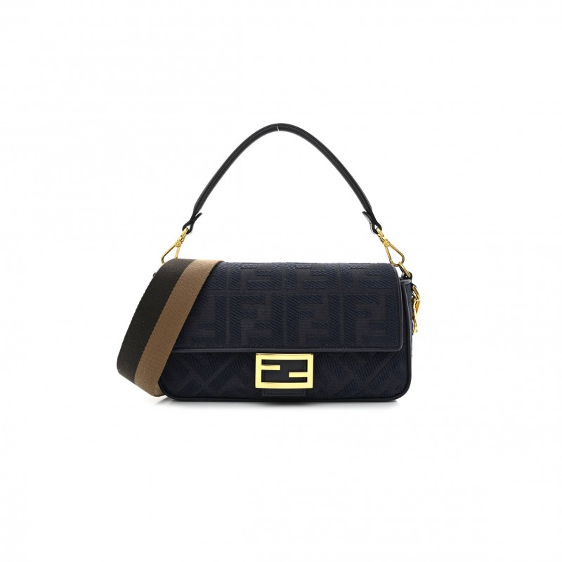 FENDI CANVAS VITELLO KING BI-COLOR STRAP FF EMBROIDERED BAGUETTE MIDNIGHT (27*16*6cm)