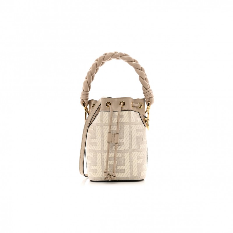 FENDI CANVAS NAPPA F IS FENDI FF EMBROIDERED MINI MON TRESOR BUCKET BAG GREZZO WHITE NUVOLA (18*12*10cm)