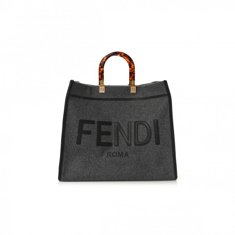 FENDI MELANGE FLANNEL PLEXIGLASS SATIN LOGO EMBROIDERED THREADED EDGE LARGE FENDI SUNSHINE SHOPPER TOTE GRIGIO BLACK (40*34*20cm)