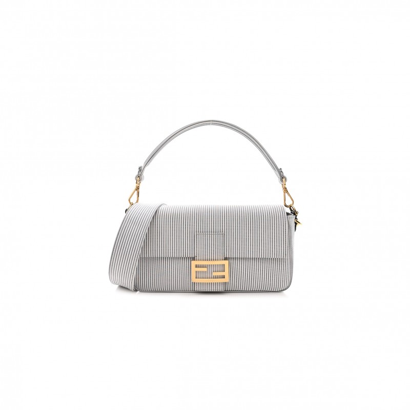 FENDI COTTON CUOIO BRETAGNA STRIPED BAGUETTE GRIGIO WHITE BLACK (27*15*6cm)