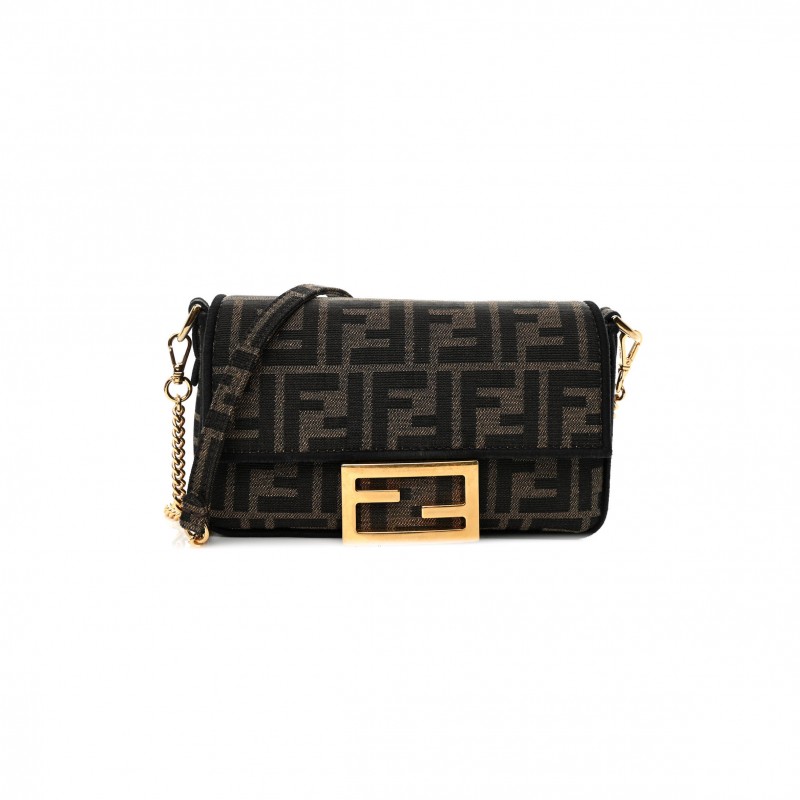 FENDI FABRIC JACQUARD FF 1974 MINI BAGUETTE TOBACCO MORO BLACK (19*11*5cm)