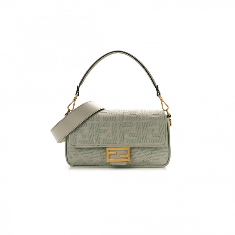 FENDI CANVAS VITELLO KING FF EMBROIDERED BAGUETTE GREEN TEA (29*18*8cm) FENDI CANVAS VITELLO KING FF EMBROIDERED BAGUETTE GREEN TEA (29*18*8cm)
