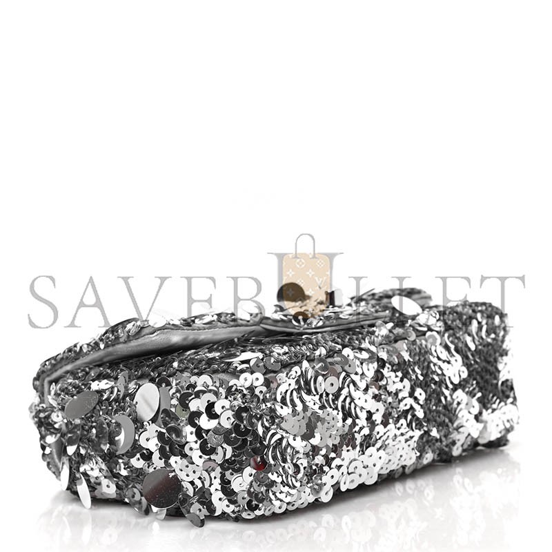 CHANEL SEQUIN MINI RECTANGULAR FLAP SILVER  (20*13*6cm) 