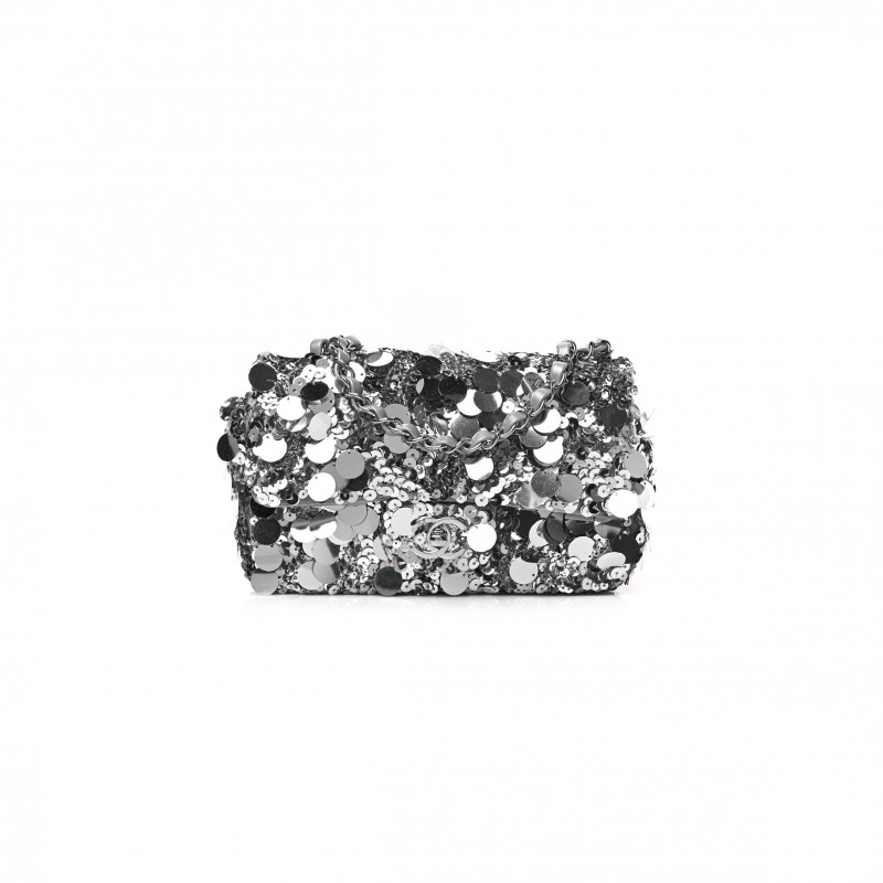 CHANEL SEQUIN MINI RECTANGULAR FLAP SILVER  (20*13*6cm) 