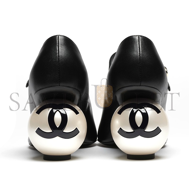 CHANEL MARY JANES LAMBSKIN, PATENT CALFSKIN & IMITATION PEARLS G46775