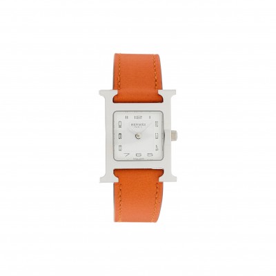 HERMES STAINLESS STEEL SWIFT 21MM HEURE H HOUR QUARTZ WATCH ORANGE 1671952