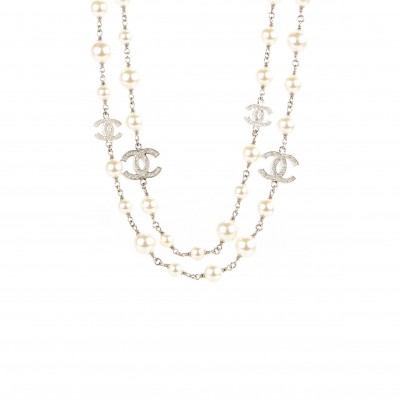 CHANEL CRYSTAL PEARL CC LONG NECKLACE SILVER 260MM 169293