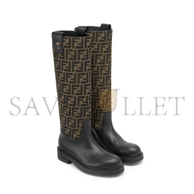 FENDI FILO BLACK LEATHER AND BROWN FF FABRIC BOOTS 8W8574AHGYF0PMM FENDI FILO BLACK LEATHER AND BROWN FF FABRIC BOOTS 8W8574AHGYF0PMM