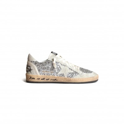 GOLDEN GOOSE WOMEN’S BALL STAR IN SILVER GLITTER WITH ICE-GRAY SUEDE INSERTS GWF00117