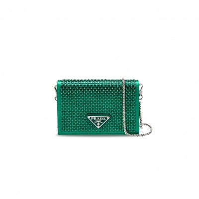 PRADA CRYSTAL BOLO WALLET ON CHAIN GREEN MINI BAG 1MR024 (11.5*8cm) 