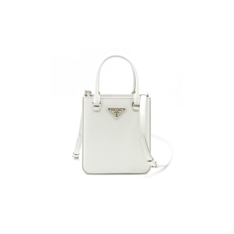 PRADA SMALL CROSSBODY TOTE WHITE BRUSHED LEATHER 1BA331 (17.5*15*5cm) 