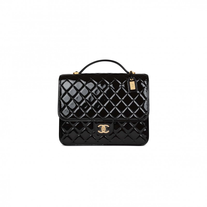 CHANEL MASTER LARGE FLAP BACKPACK BLACK PATENT ANTIQUE GOLD HARDWARE (30*23*10cm)