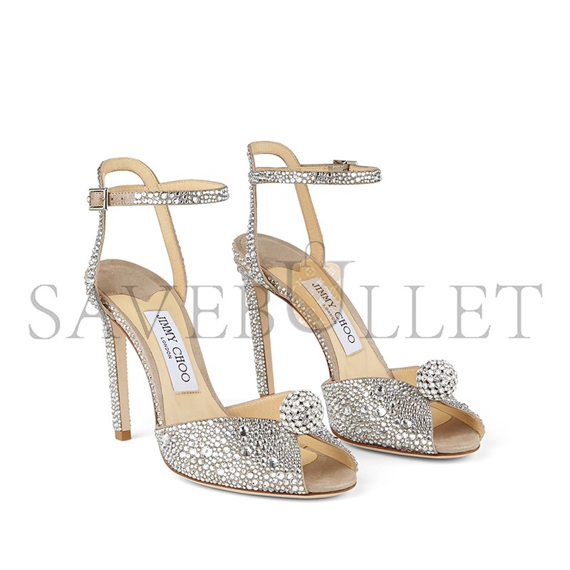 JIMMY CHOO NUDE SUEDE SANDALS WITH HOTFIX CRYSTALS AND SPHERE DETAIL SACORA100PHZ