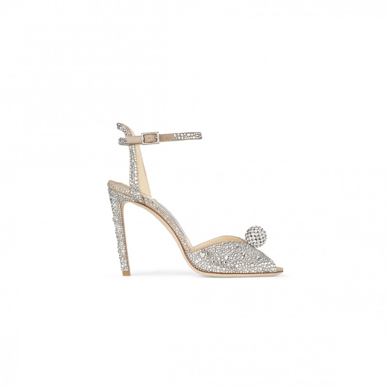 JIMMY CHOO NUDE SUEDE SANDALS WITH HOTFIX CRYSTALS AND SPHERE DETAIL SACORA100PHZ