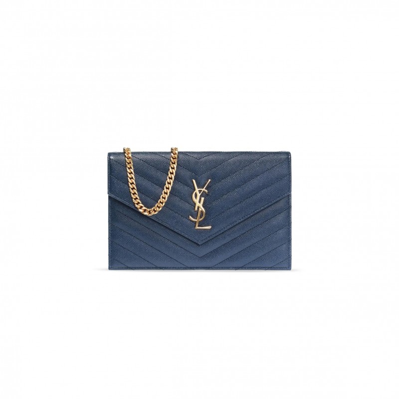 YSL CASSANDRE MATELASSÉ ENVELOPE CHAIN WALLET IN GRAIN DE POUDRE EMBOSSED LEATHER 393953BOW014117 (19*12.5*3.5cm)