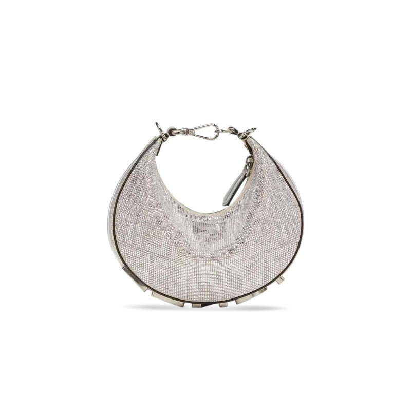 FENDI FENDIGRAPHY MINI SILVER CRYSTAL FF PATTERN LEATHER HANDBAG 8BS081APKFF1MZK (16.5*14*5cm)